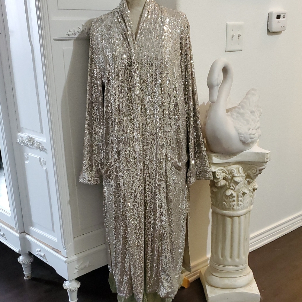 ANTHROPOLOGIE BB Dakota Shimmering Silver Sequin Maxi DUSTER Jacket M MEDIUM